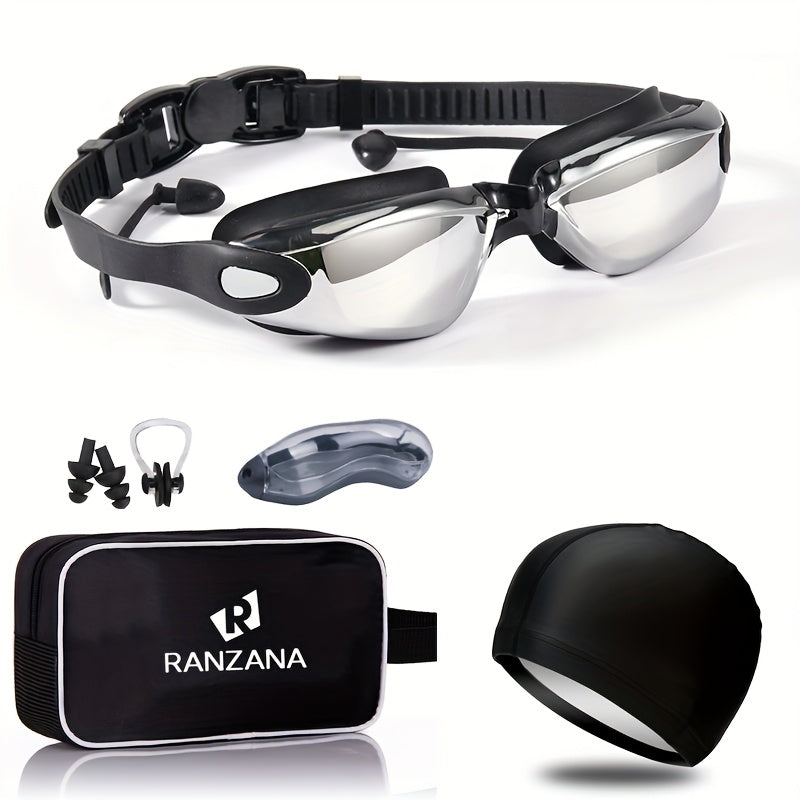Anti-Fog Racing Swim Goggles Set 6-in-1 - HD UV Protection Silver Coated PC Lens, Waterproof PU Swim Cap, Nose Clip, Earplugs, Goggle Case & Storage Bag for Adult Men Women Pool Training Competition