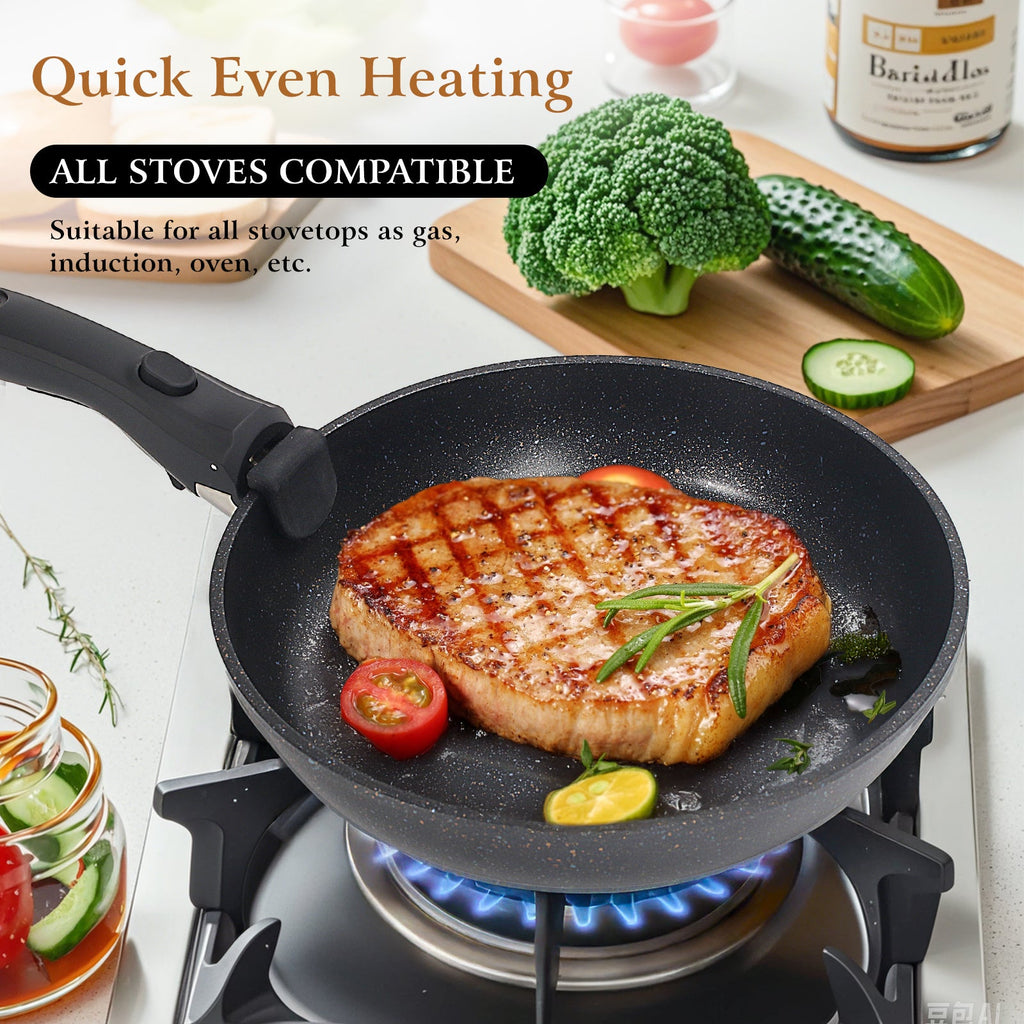 Nonstick Cookware Set 9-Piece with Detachable Handles - Stackable Induction Compatible Pots and Pans Set, Non-Stick Coating, Space-Saving Kitchen Cooking Set for Camping, RV & Small Kitchens