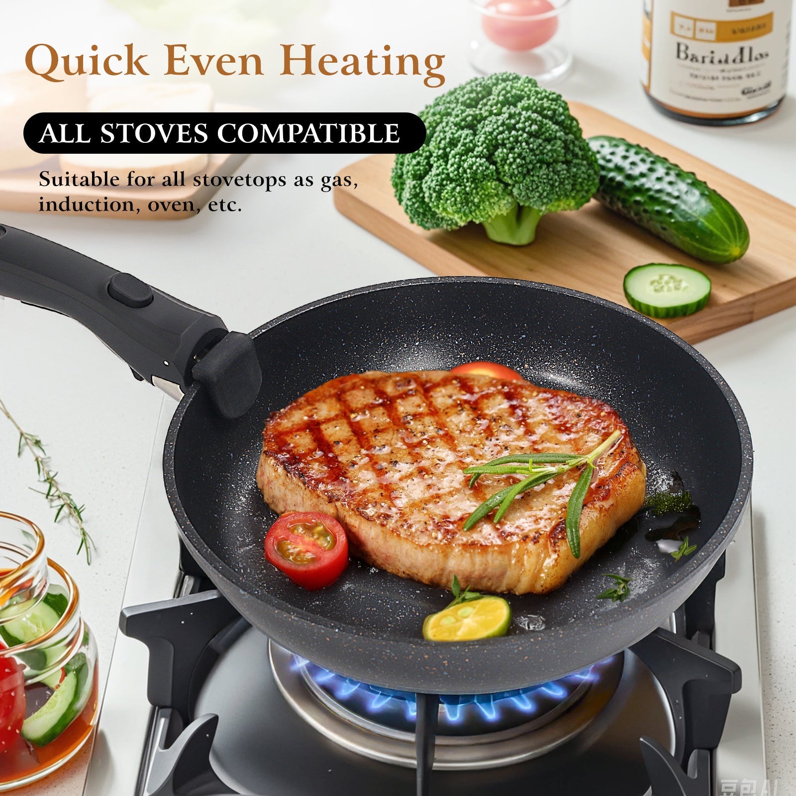 Nonstick Cookware Set 9-Piece with Detachable Handles - Stackable Induction Compatible Pots and Pans Set, Non-Stick Coating, Space-Saving Kitchen Cooking Set for Camping, RV & Small Kitchens