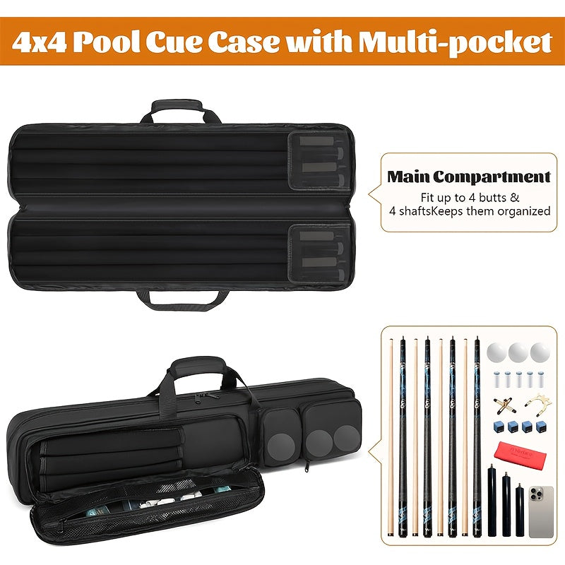 Pool Cue Case 4x4 with Hidden Backpack Strap | Billiard Cue Bag Holds 4 Butts & 4 Shafts | Hard Shell Pool Stick Carrying Case with Large Front Accessory Pockets | Black