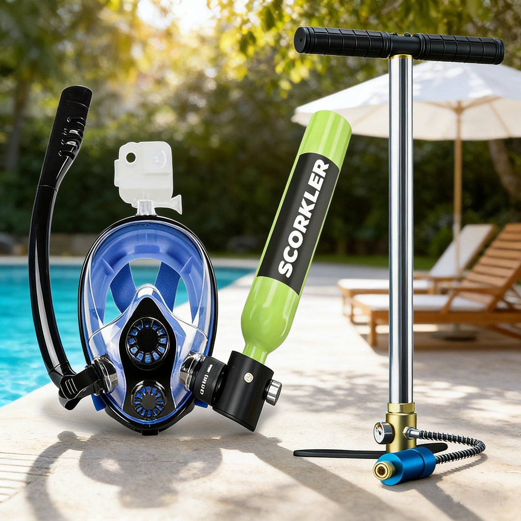 Mini Scuba Tank & Full Face Snorkel Mask Set with Hand Pump - 0.5L 6061 Aluminum Diving Tank, 180° Wide View Anti-Fog Mask, 200 Bar Capacity, 35 Breaths Underwater, for Snorkeling Exploration Diving Beginners