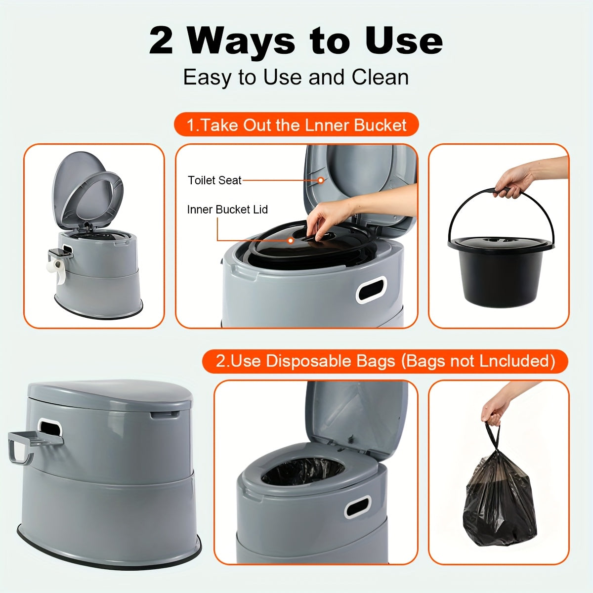 Portable Camping Toilet Extra Large for Adults – Indoor Outdoor Commode with Detachable Inner Bucket & Removable Paper Holder, Lightweight & Compact for Camping, Boat, Van & Emergency Use, Black & Gray