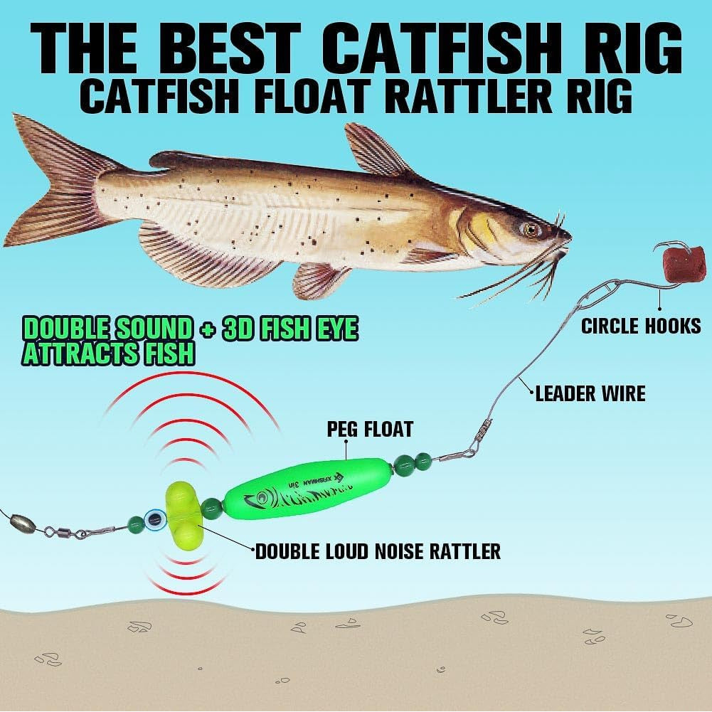 Catfish Rig Santee Cooper Float with Rattler 4pcs Set, Catfishing Tackle Rattle Float Rig for Bank Fishing, High-Quality Circle Hooks Sound Wave Lure for Freshwater Catfish, 2.5 Inch Green