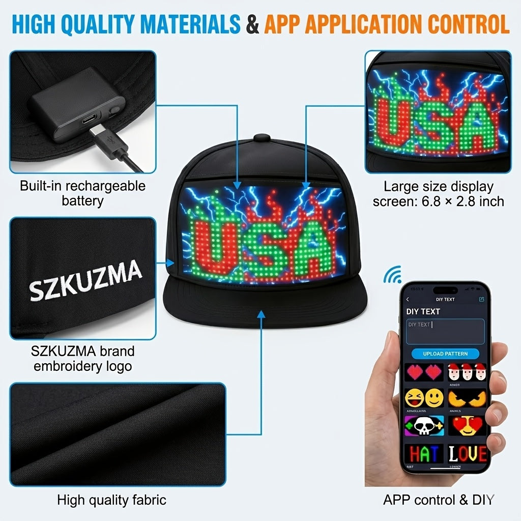 Programmable LED Hat with APP Control – Custom Text, Animation & Graffiti Display, USB Rechargeable, Adjustable Fit for Men & Women, Glowing Light-Up Cap for Party, Festival, Wedding & Carnival