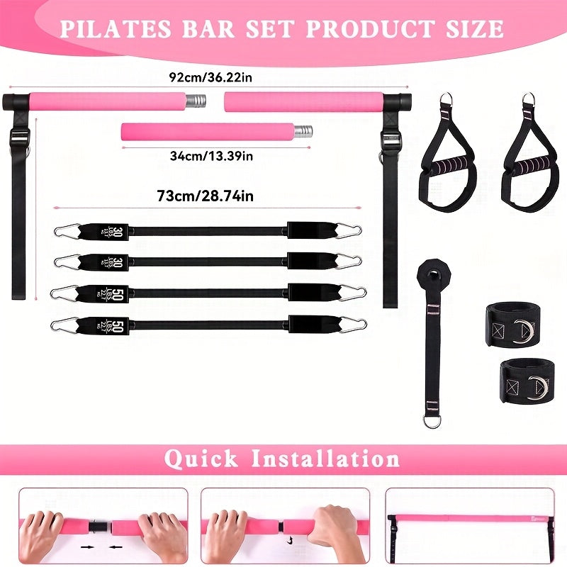 Pilates Bar Kit 14pcs with Resistance Bands & Tension Belt – Multifunctional Fitness Pedal Puller Stick for Home Yoga Stretch Training, Full Body Workout Equipment for Women Men