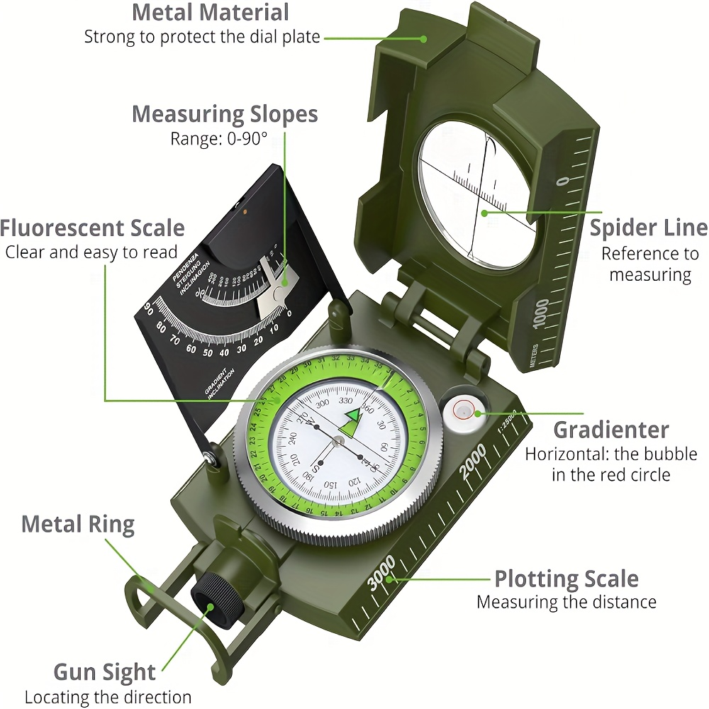 Survival Compass with Inclinometer & Carrying Bag – Sighting Compass for Camping, Hiking, Hunting, Geology & Navigation Activities (Green & Black)