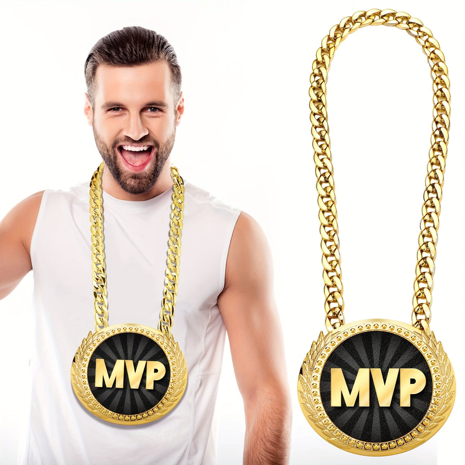 MVP Championship Turnover Chain Medal – 6 Inch Big Golden Champ Award Necklace for Baseball Basketball Football Soccer Softball Volleyball Sports Competitions, Party Favors & Prize Gifts
