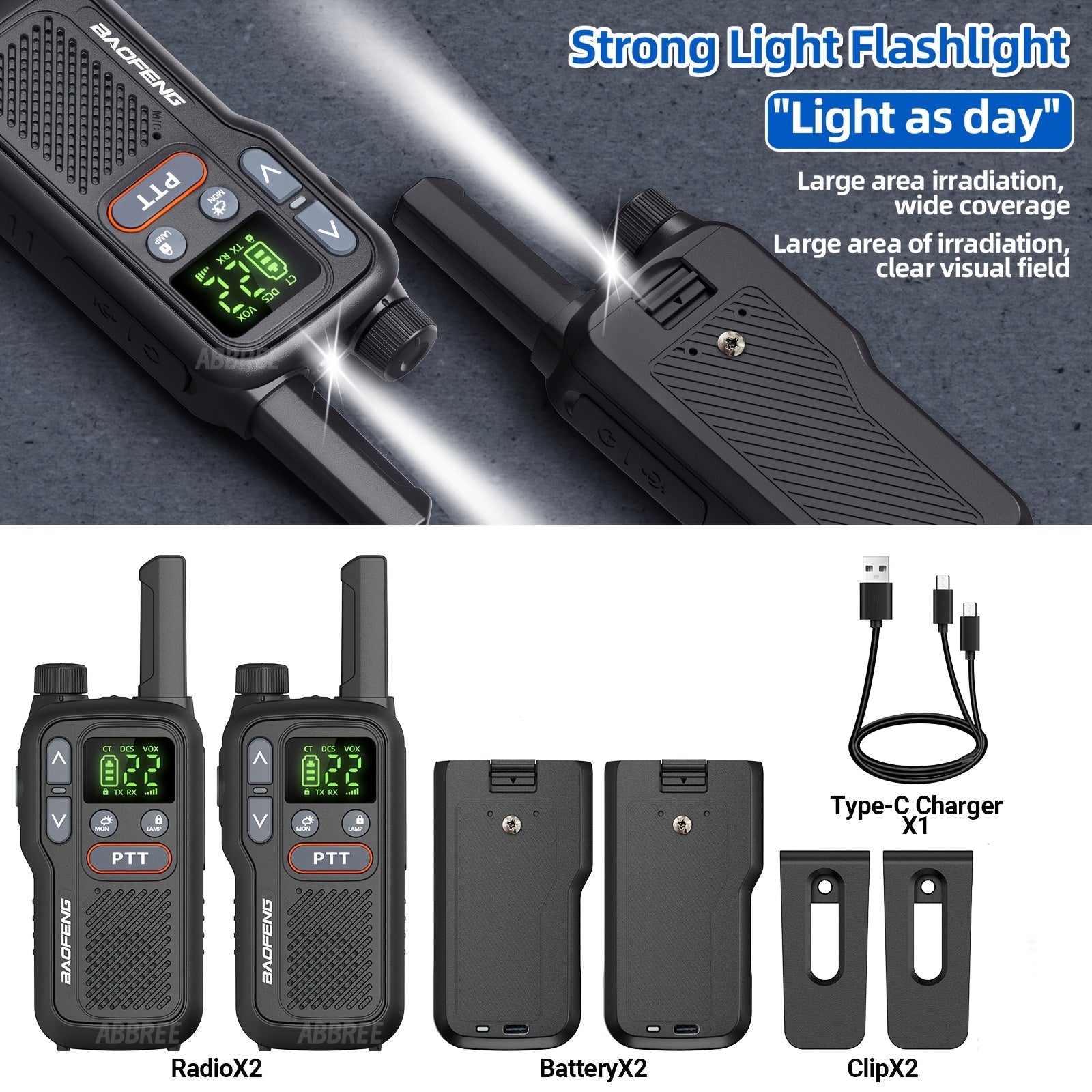 FRS Two Way Radio Rechargeable, BAOFENG BF-T18 Walkie Talkies Long Range with NOAA Weather Alert, VOX Hands-Free, 1500mAh USB-C Battery, LED Flashlight, for Hiking Camping Outdoor Adults 2 Pack