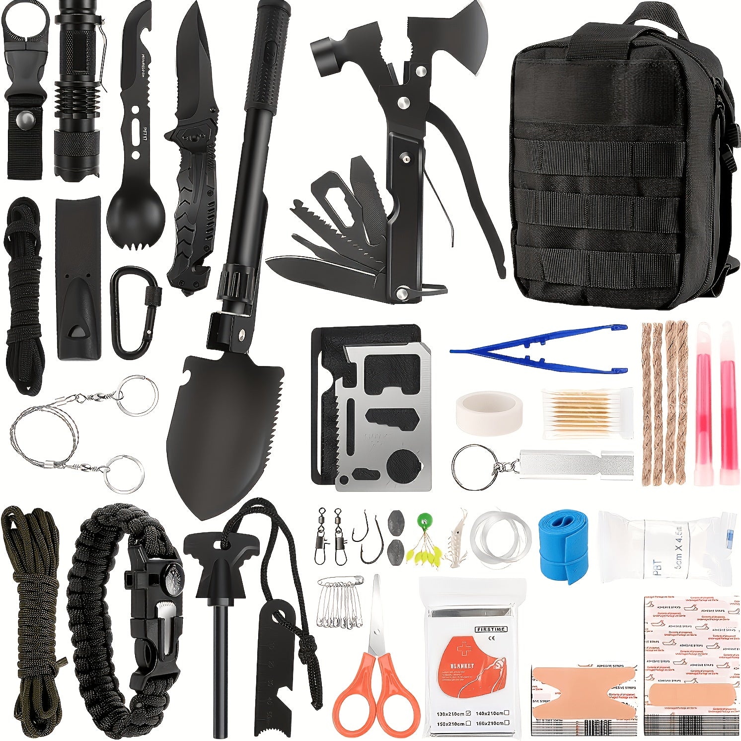 142-Piece Emergency Survival Kit with MOLLE System – Outdoor Gear Set with Axe, Folding Shovel, Knife & Lantern for Camping, Hiking, Hunting & Adventure