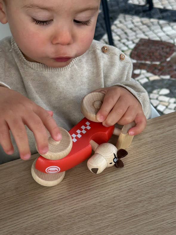 Wooden Race Car Toy with Dog Driver
