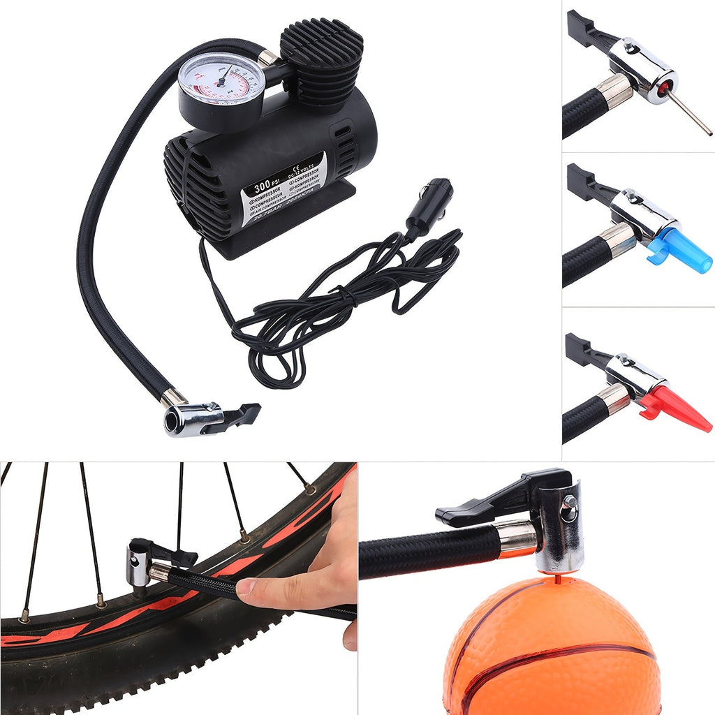Portable Mini Air Compressor 12V 300PSI – Multi-Use Inflator Pump for Car Tires, Bikes, Balls & Inflatables – Compact Electric Tire Inflator for Home, Camping & Emergency Use
