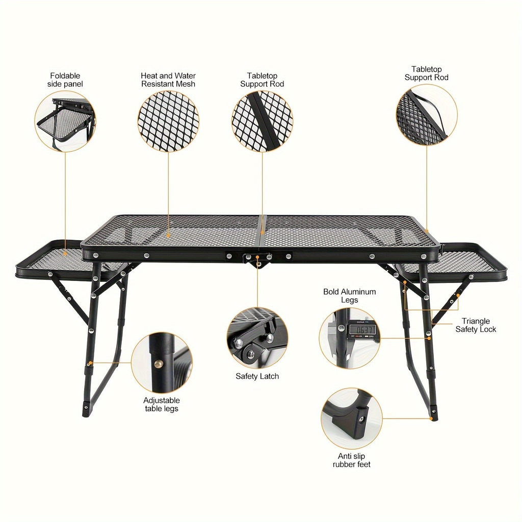 Portable Folding Camping Table with 2 Wingboards & Mesh Top – Height Adjustable Outdoor Grill Side Table for Picnic Barbecue Beach Backpacking, Lightweight Compact Folding Table with Carry Bag