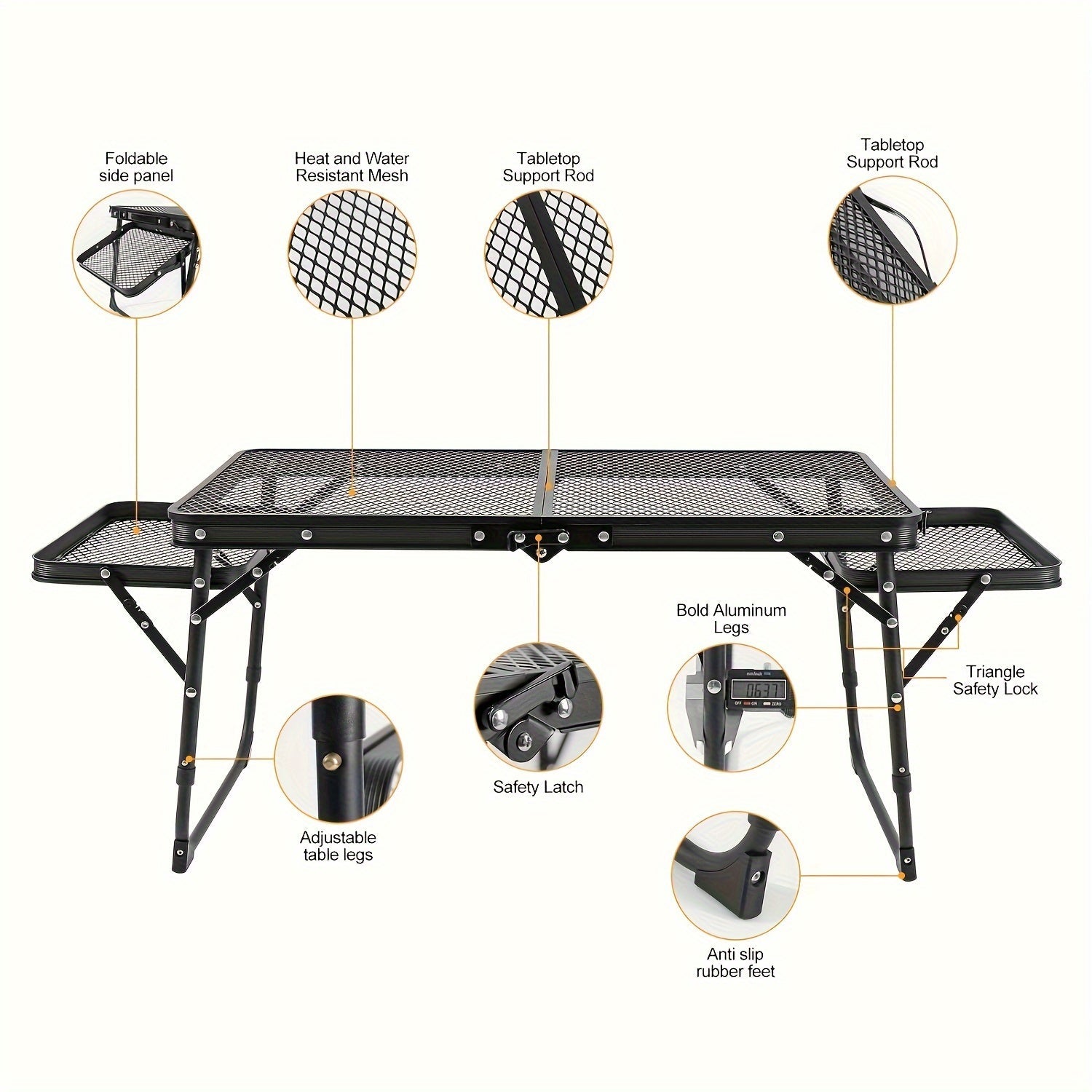 Portable Folding Camping Table with 2 Wingboards & Mesh Top – Height Adjustable Outdoor Grill Side Table for Picnic Barbecue Beach Backpacking, Lightweight Compact Folding Table with Carry Bag