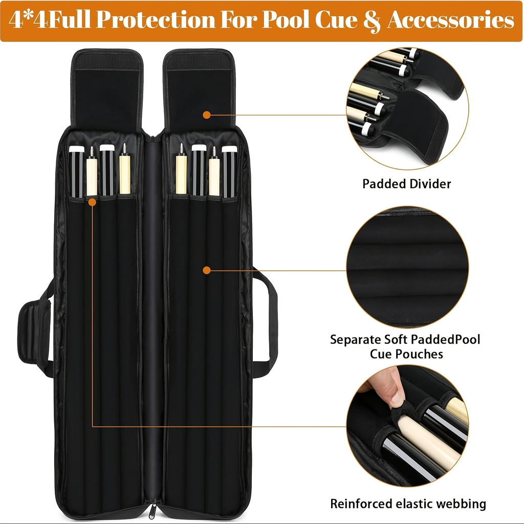 Pool Cue Case 4x4 with Hidden Backpack Strap | Billiard Cue Bag Holds 4 Butts & 4 Shafts | Hard Shell Pool Stick Carrying Case with Large Front Accessory Pockets | Black