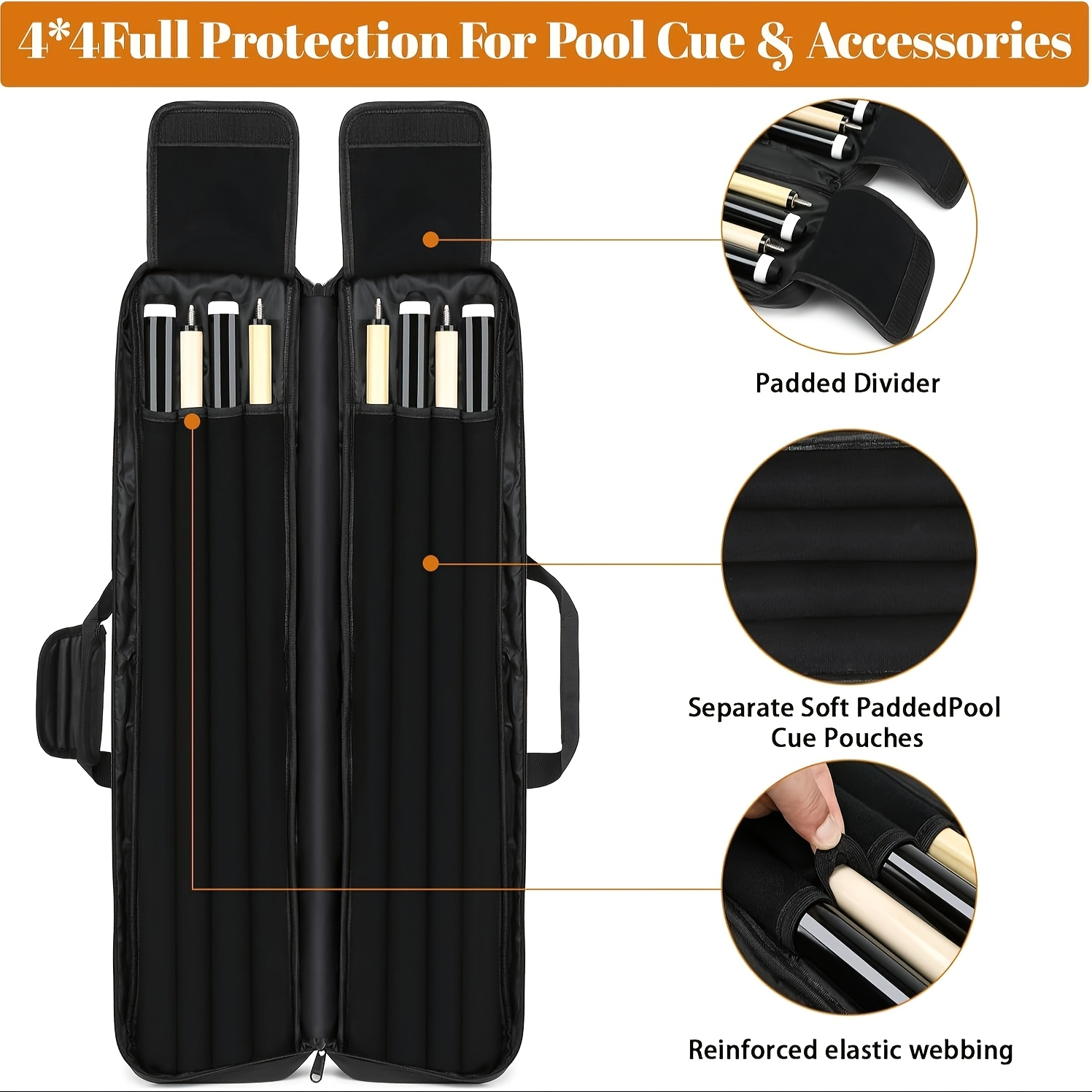 Pool Cue Case 4x4 with Hidden Backpack Strap | Billiard Cue Bag Holds 4 Butts & 4 Shafts | Hard Shell Pool Stick Carrying Case with Large Front Accessory Pockets | Black