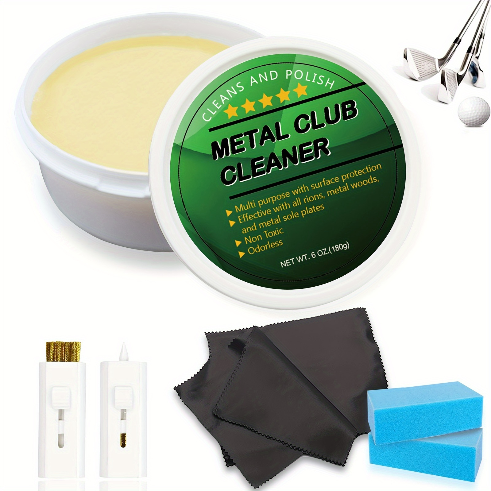 Golf Club Cleaner Polish Kit 7-Pack | Iron Cleaning Paste, Brush & Sponge Care Set for All Golf Clubs