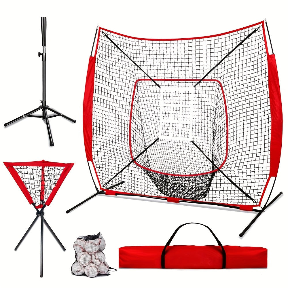 Baseball Practice Net 7x7ft – Complete Hitting & Pitching Training Set with 12 Baseballs, Bow Frame, Batting Tee, and Tote Bag, Portable Backyard Softball Throwing Net for Kids & Adults