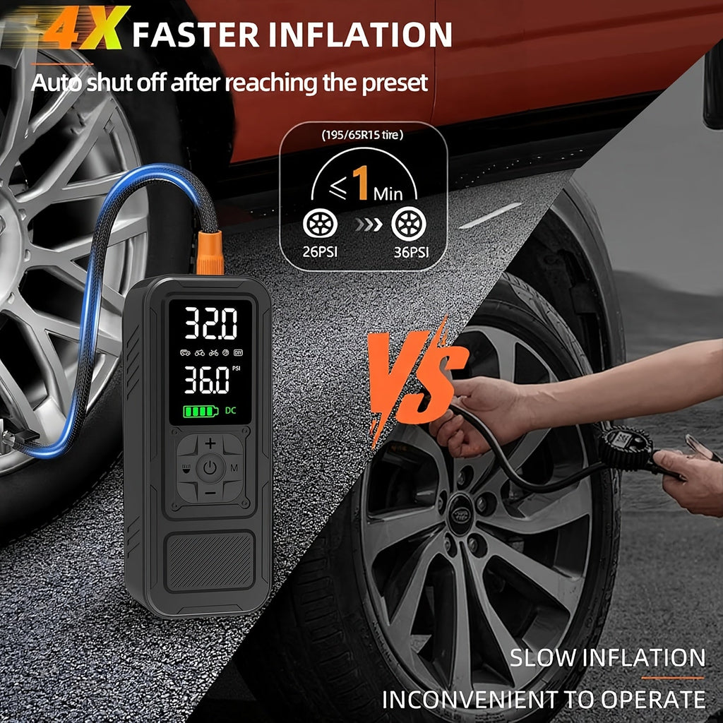 Cordless Tire Inflator Portable Air Compressor – 160PSI 5X Faster Inflation, Digital Pressure Gauge & LED Light, Wireless Air Pump for Car, Motorcycle, Bike & Ball, Compact Auto Tire Pump