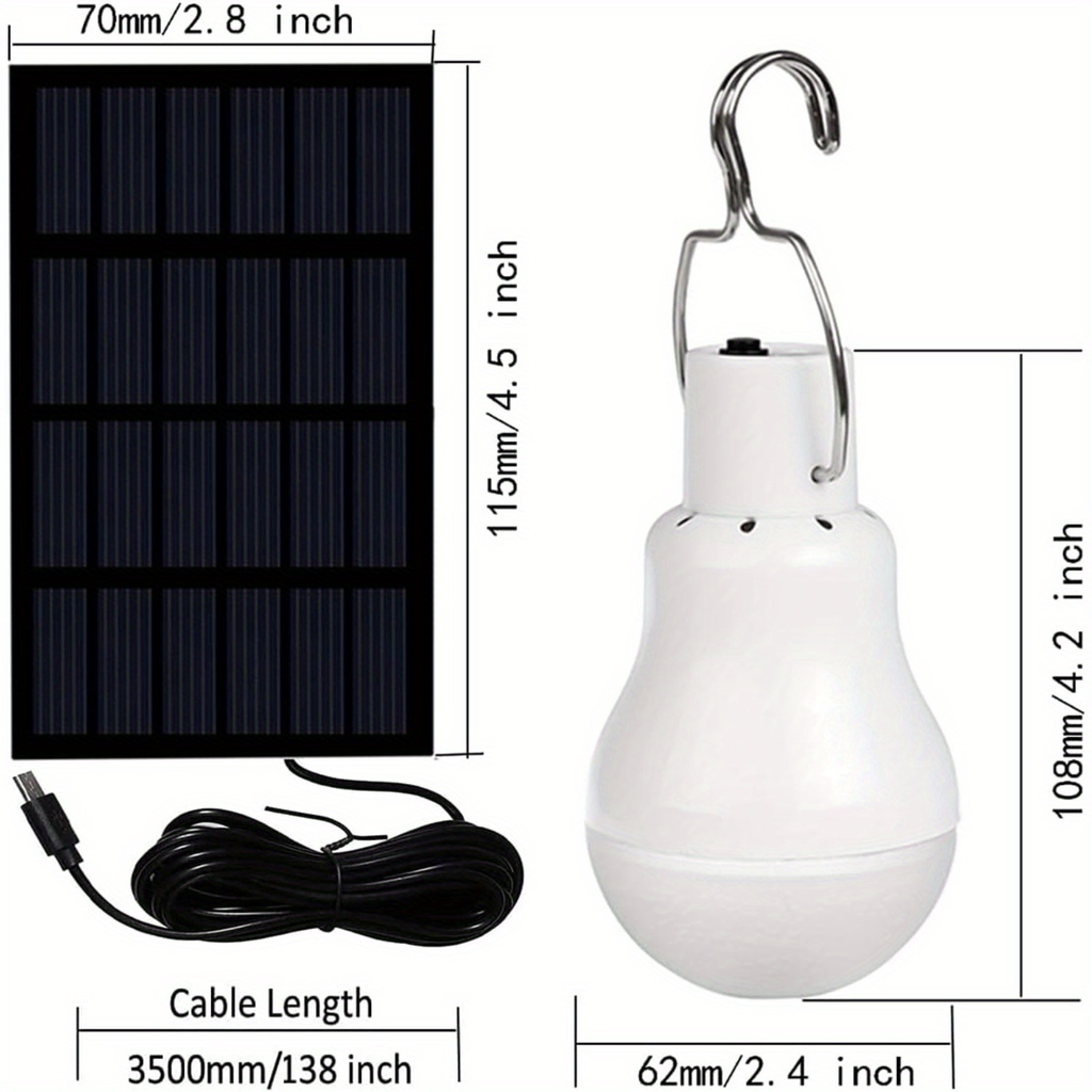 Outdoor Solar Light Bulb with 3.5M Cable – 110 Lumen 12 LED, 800mAh Rechargeable, 6000K Daylight, Portable Hanging Lamp for Garden, Yard, Garage, Chicken Coop & Tent Camping, 2/4 Pack