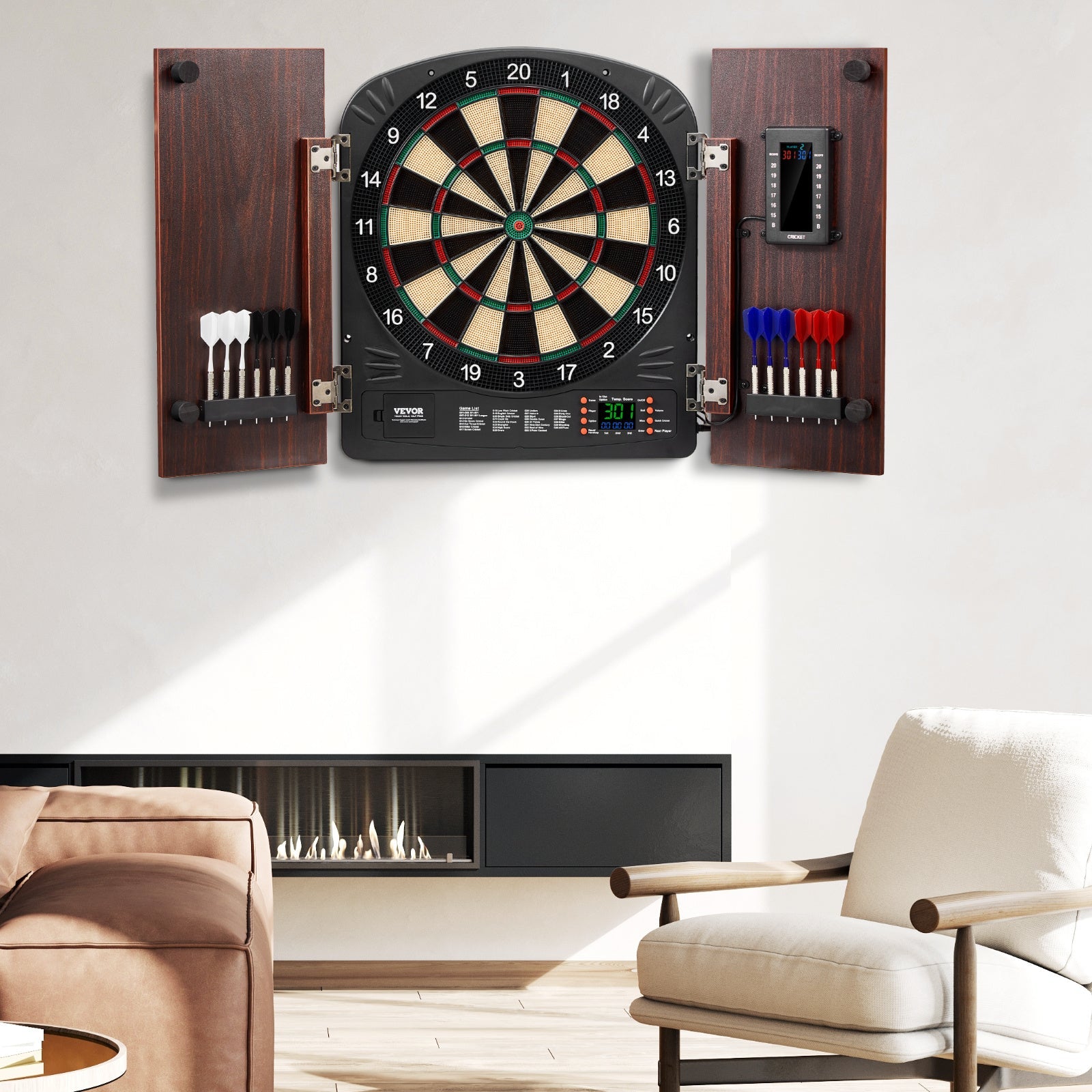 Electronic Dartboard Cabinet Set with LED Scoring – 13.5" Soft Tip, 40 Games 590 Variations, Retro Wood Cabinet, 1-8 Players, 12 Darts & All Accessories Included