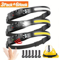 Motion Sensor COB Headlamp 3 Pack + 6 Hooks, 230° Wide Beam Rechargeable LED Head Lamp, 5 Modes COB & LED Headlamps for Adults, Hard Hat Headlight, Headband Flashlight for Camping, Work & Hiking