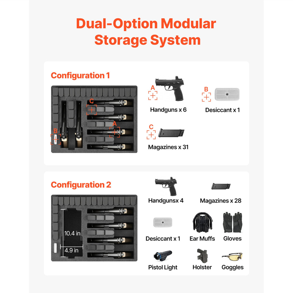 Hard Gun Case with Modular XPE Foam Interior – Heavy Duty Pistol Storage Box with Metal Hinges, 4 Lock Holes & Pressure Valve, Fits Glock & 6 Magazines, 18.7x12.5x7.5 in