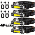 Rechargeable Headlamp 4 Pack, COB LED Head Lamp with Magnetic Base, USB Rechargeable Super Bright Headlight, Hands-Free Work Light for Camping Hiking Fishing Running Cycling, Hard Hat Clip Included