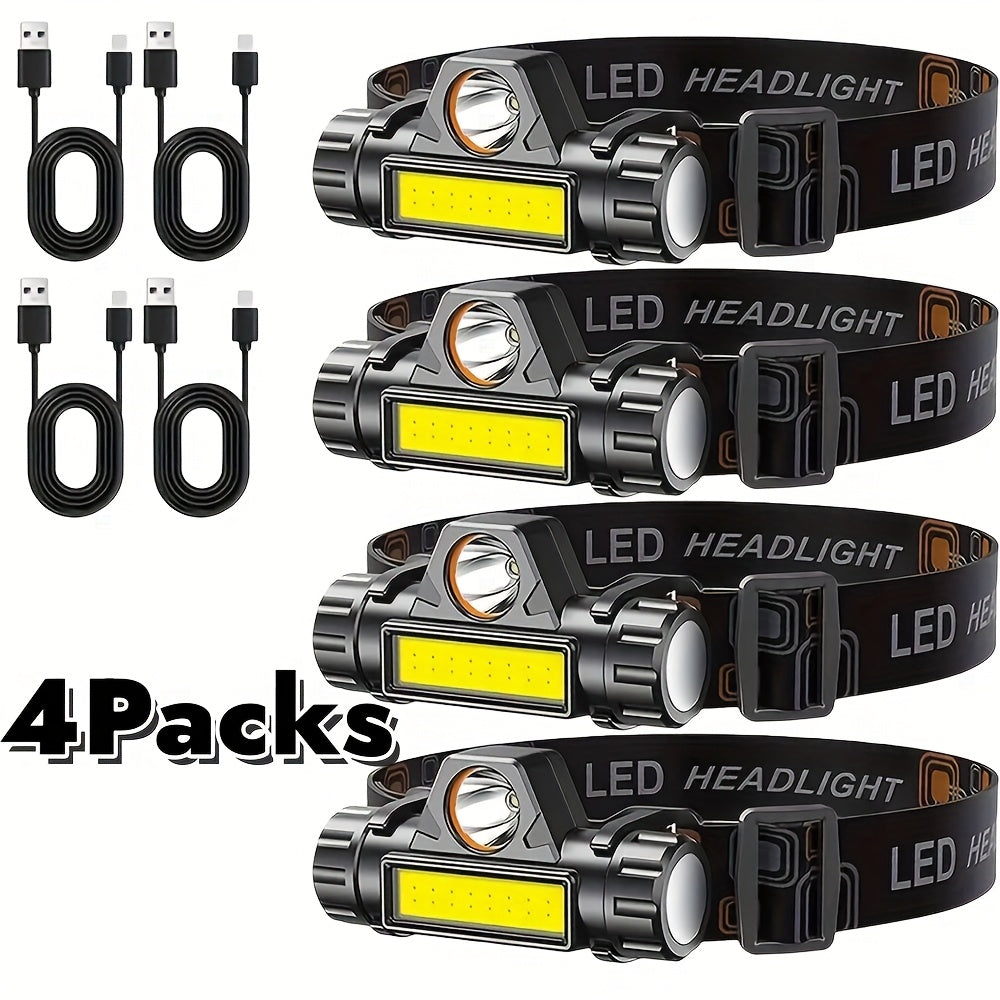 Rechargeable Headlamp 4 Pack, COB LED Head Lamp with Magnetic Base, USB Rechargeable Super Bright Headlight, Hands-Free Work Light for Camping Hiking Fishing Running Cycling, Hard Hat Clip Included
