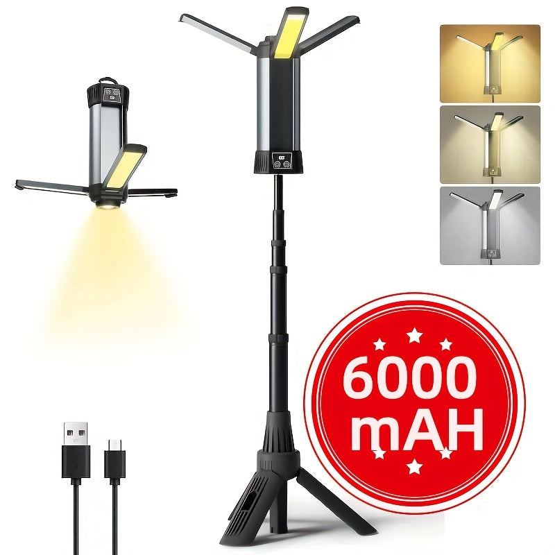 LED Camping Lantern with Tripod Stand, 6000/14500mAh Rechargeable Work Light, 10 Light Modes, 3 Height Adjustments, USB Powered Portable Outdoor Flashlight for Camping, Emergency & Courtyard Use