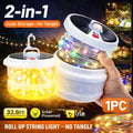 Solar Camping Lantern with Retractable String Lights – 2-in-1 LED Tent Light, 6 Modes, USB-C & Solar Rechargeable, Hand Crank, 10M String Lights, Portable Outdoor Camping Light for Camping, Patio & Emergency