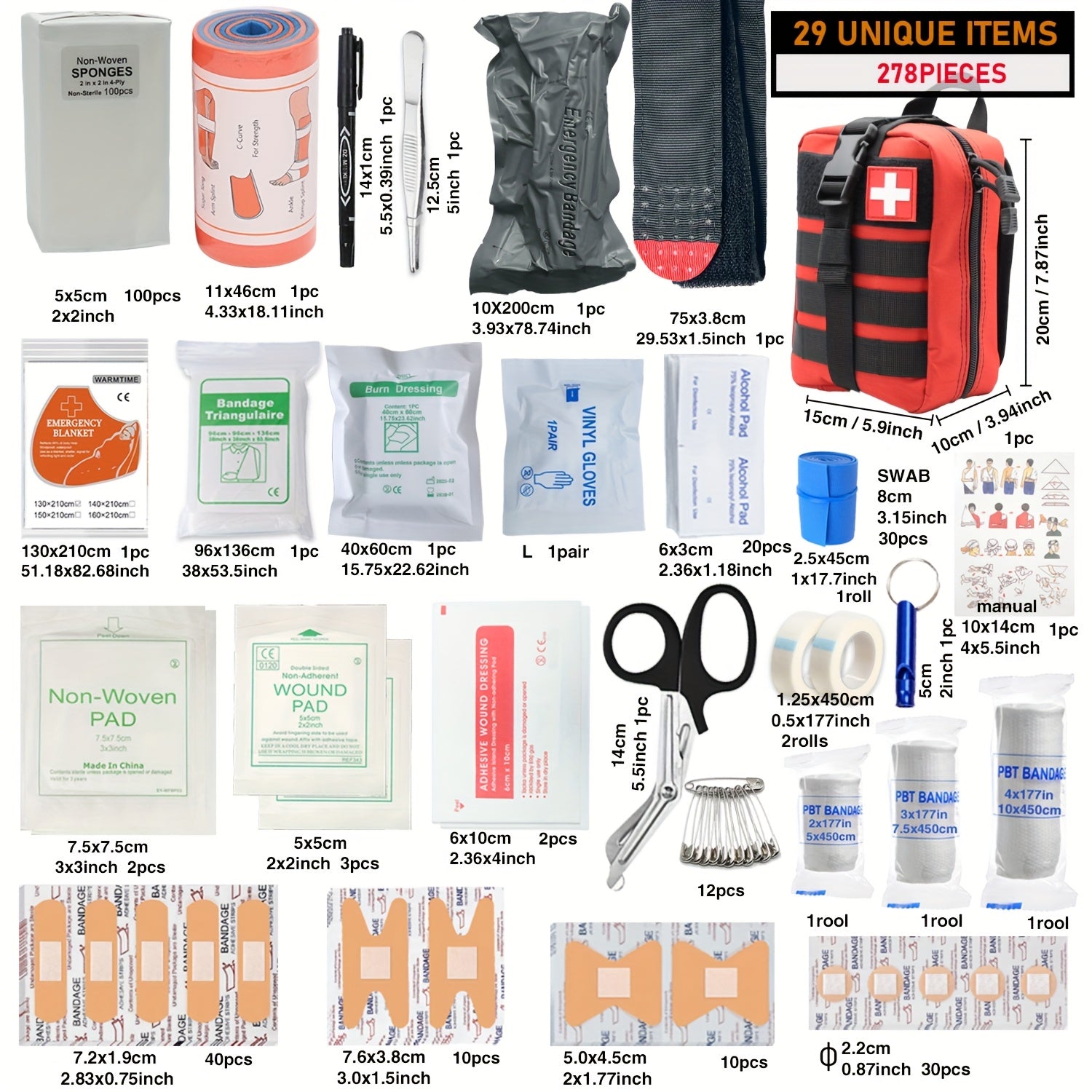 Tactical IFAK Kit 278 Piece Outdoor Emergency First Aid Set Hiking