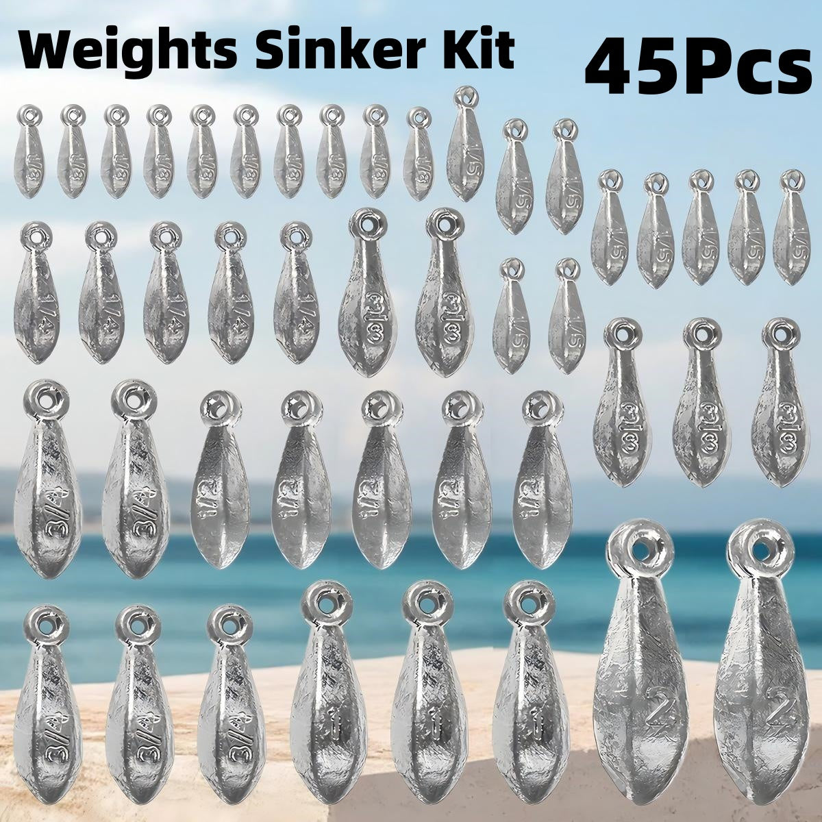 Fishing Sinker Weights Kit 45pcs - Bullet Bank Sinkers for Saltwater & Freshwater Fishing - 8 Sizes (1/8oz to 2oz) Corrosion-Resistant Lead Fishing Weights for Bass, Carp & Bottom Fishing