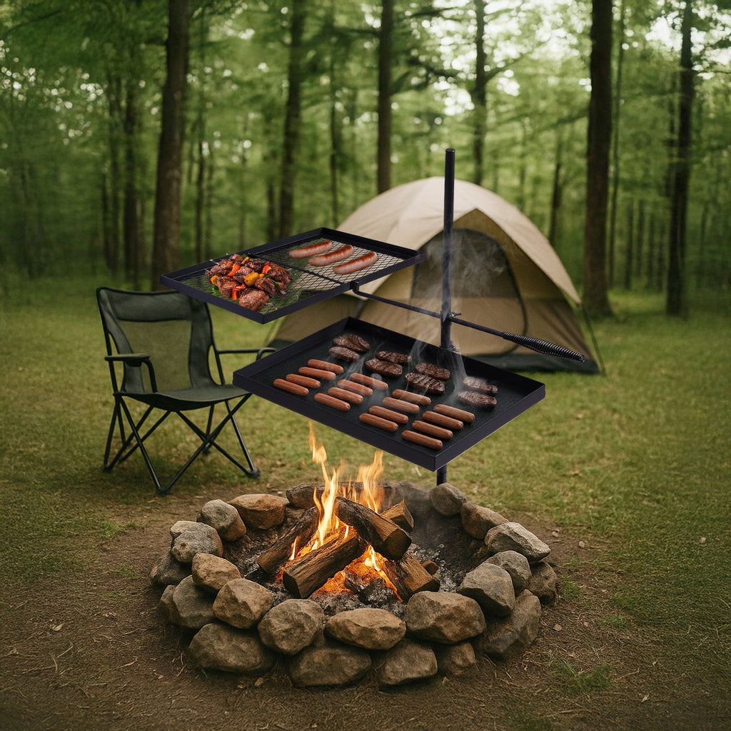 Portable Camping Grill Set – Heavy Duty Skillet Combo with Adjustable Grill Grate, Grill Pan & Carrying Bag – Steel & Iron Construction, 3 Size Options, Black Outdoor Cooking Kit
