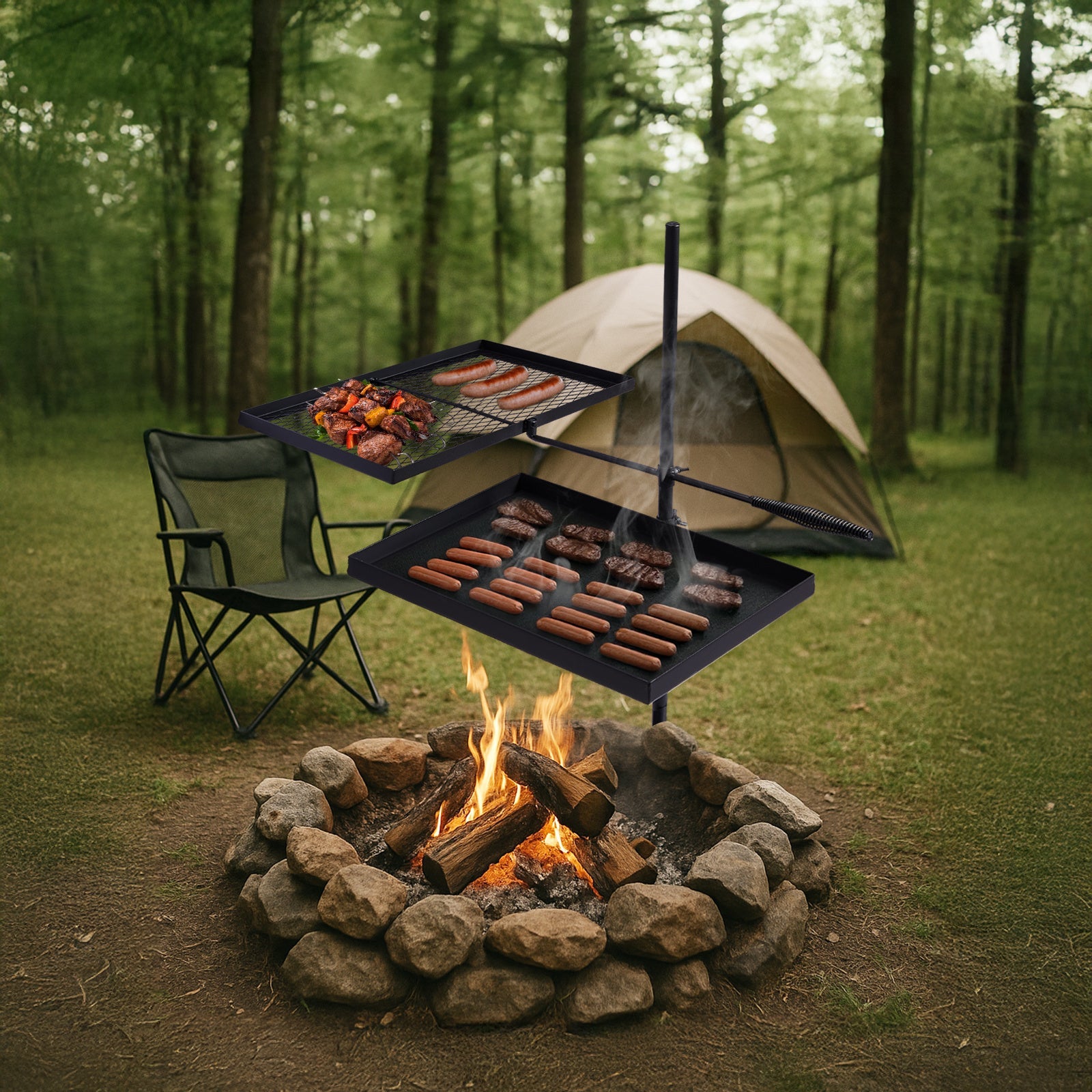 Portable Camping Grill Set – Heavy Duty Skillet Combo with Adjustable Grill Grate, Grill Pan & Carrying Bag – Steel & Iron Construction, 3 Size Options, Black Outdoor Cooking Kit