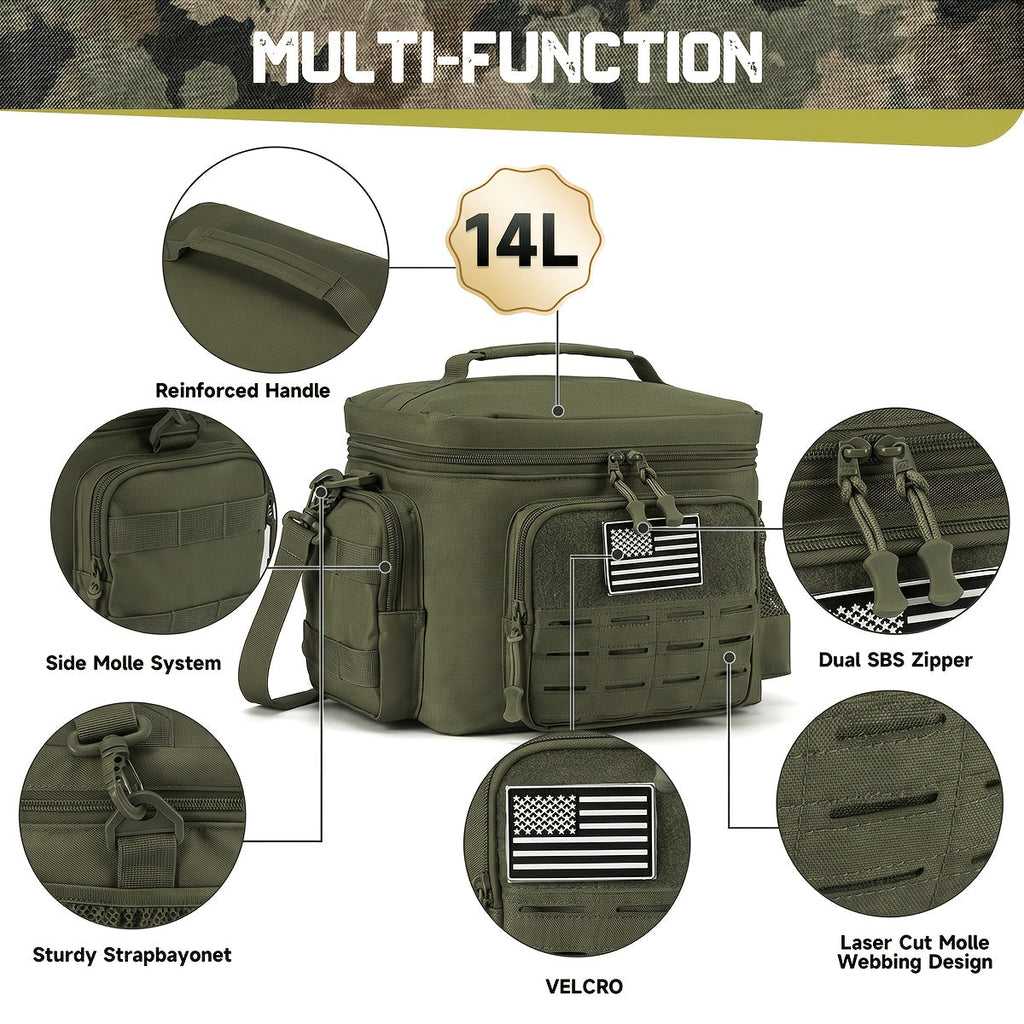 Tactical Insulated Cooler Lunch Box with MOLLE Webbing – Expandable & Leakproof, 3.7 Gal or 18L, for Hunting, Camping, Work & Outdoor Picnics – Black, Green or Khaki