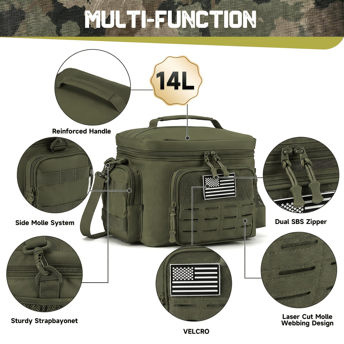 Tactical Insulated Cooler Lunch Box with MOLLE Webbing – Expandable & Leakproof, 3.7 Gal or 18L, for Hunting, Camping, Work & Outdoor Picnics – Black, Green or Khaki
