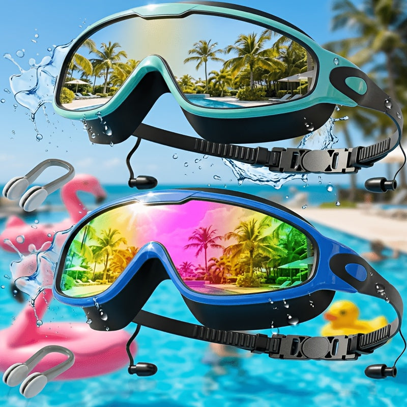 Anti-Fog Swimming Goggles Wide View UV Protection Swim Goggles for Adults Men Women Youth - Mirrored Lens with Earplugs Nose Clip for Triathlon Pool Open Water Training