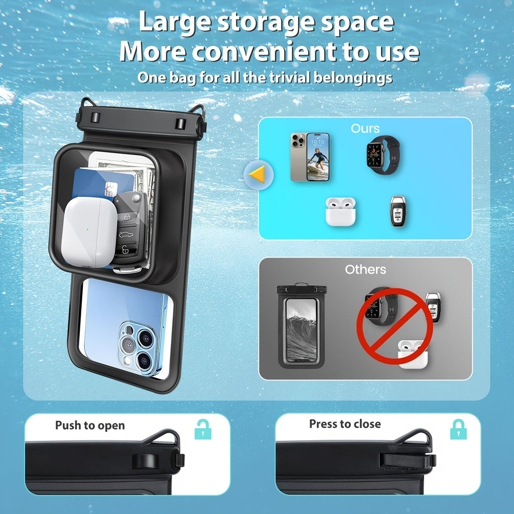 Waterproof Phone Pouch 2-Pack Double Layer Black & Cyan – PVC Dry Bag for Swimming, Rafting & Water Sports, Fits Up to 7.5", Dual Compartment with Adjustable Lanyard & Double Hook for Kayaking, Beach & Camping