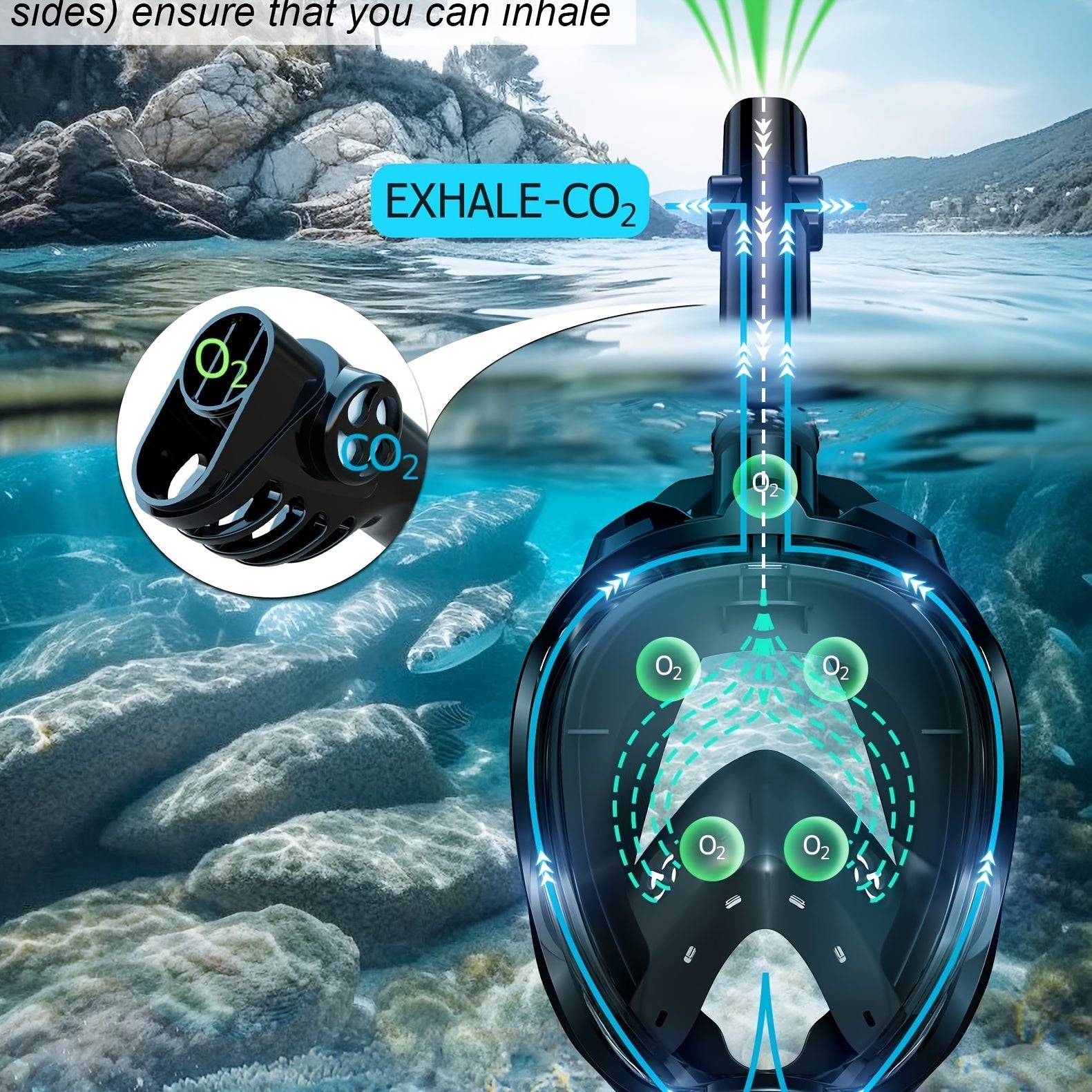 Full Face Snorkel Mask 180° Panoramic View Anti-Fog Anti-Leak Snorkeling Mask with Dry Top Breathing System and Removable Camera Mount for Adults Men Women - Safe Comfortable Diving Mask
