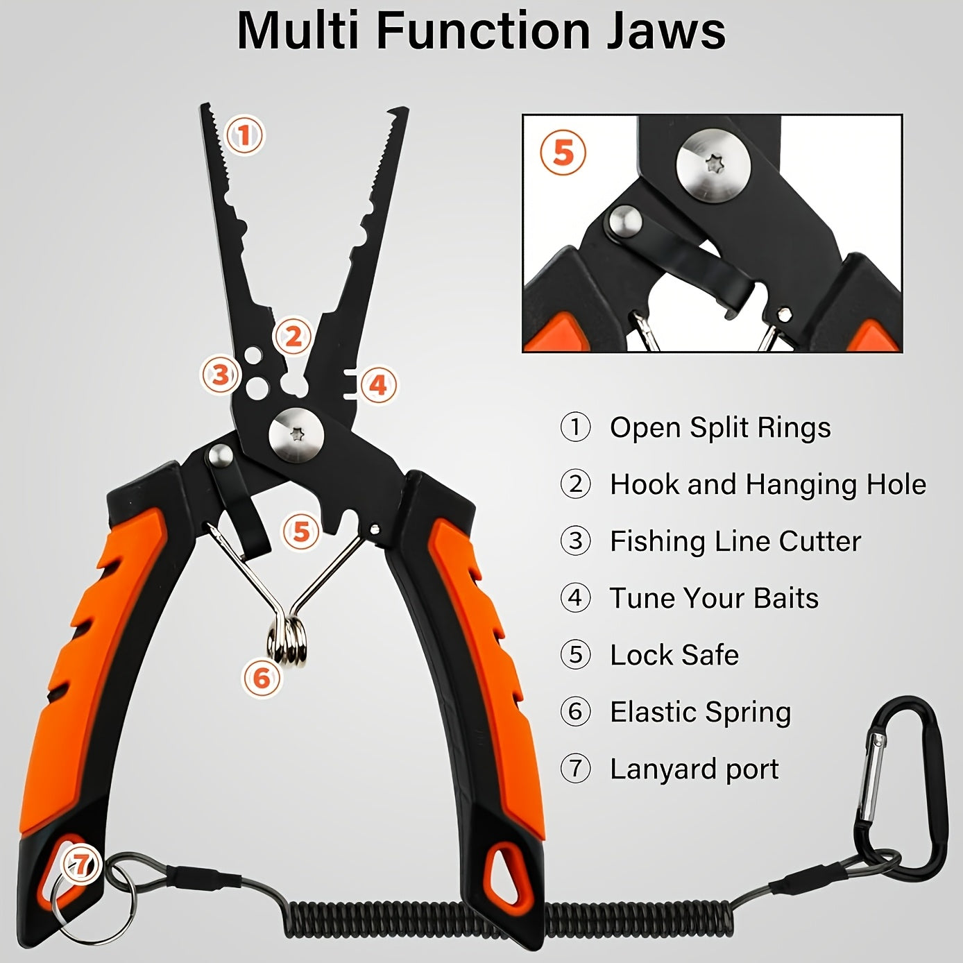 Fishing Tool Kit 6-Piece Corrosion Resistant Pliers Fillet Knife Fish Lip Gripper Braid Scissors Tool Retractor with Lanyard Fishing Gifts for Men