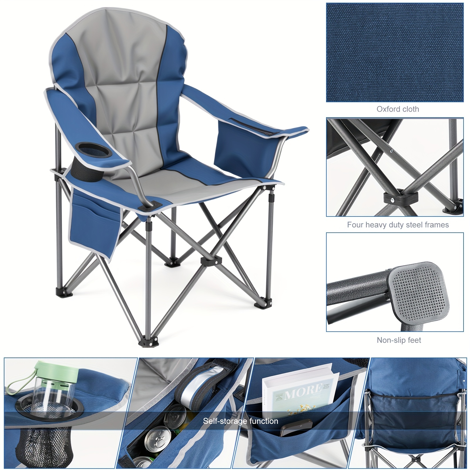 Heavy Duty Folding Camping Chair 600 Lbs Capacity – Padded Seat, Insulated Cooler Bag, Organizer Pockets & 2 Cup Holders for Camping, Beach, Fishing & Outdoor Events