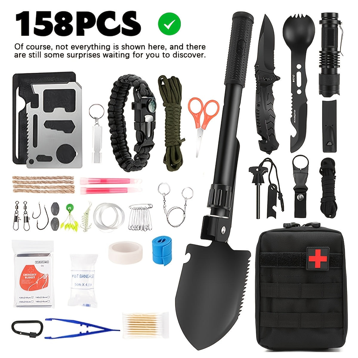 Survival Gear Kit Emergency Tool Set – Outdoor Multifunctional Camping Axe, Survival Shovel & Flint Fire Starter, 12pcs Basic or 158pcs Full Kit for Hiking, Hunting, Earthquake & Outdoor Adventures