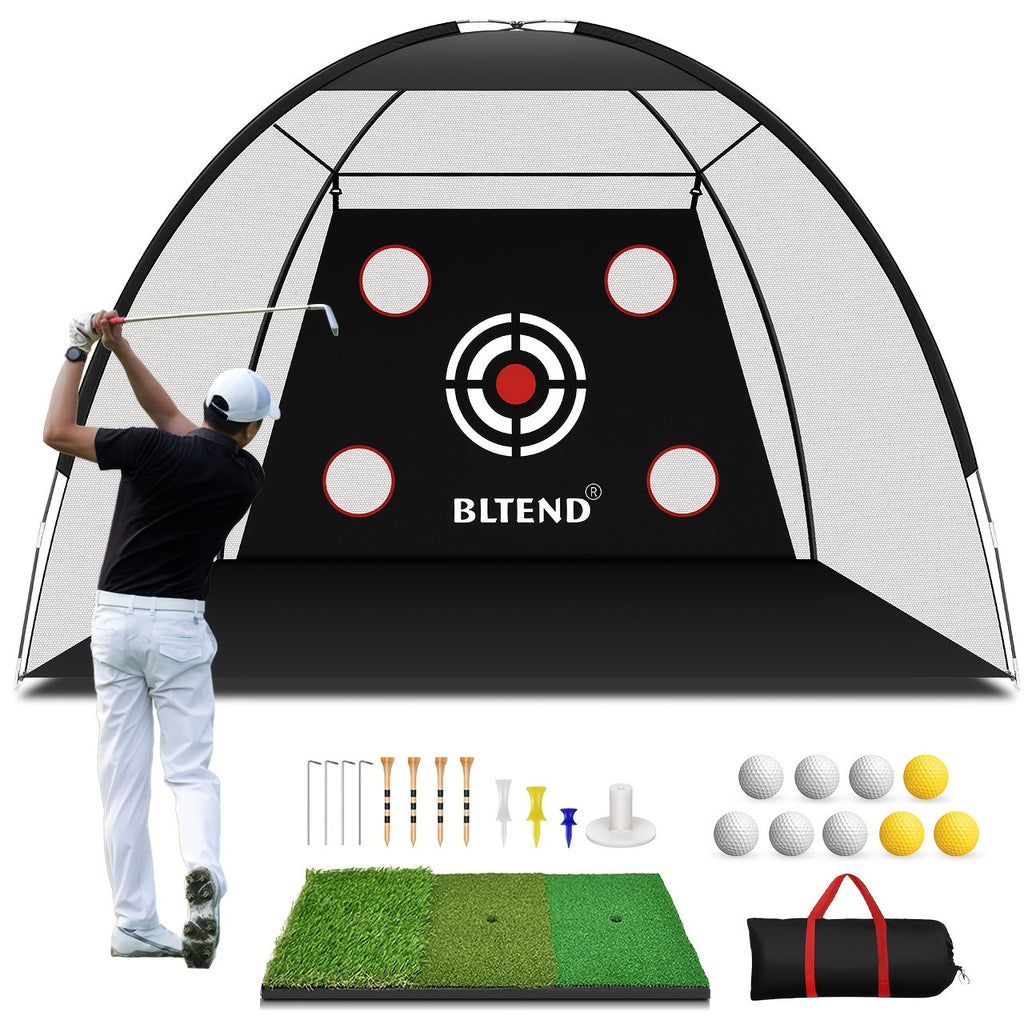 Golf Practice Net with Mat Set 10x7ft – Heavy Duty Backyard Driving Hitting Net with Turf Mat Golf Balls Rubber Tees & Carry Bag for Indoor Outdoor Training – Golf Gift for Men Women