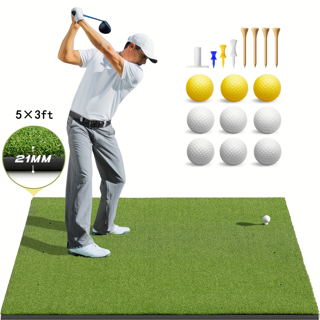 Golf Hitting Mat with Artificial Turf & Non-Slip EVA Base, Indoor Outdoor Golf Practice Mat Set with 9 Golf Balls 8 Tees & Rubber Tee, High-Elastic Chipping Driving Training Mat for All Skill Levels