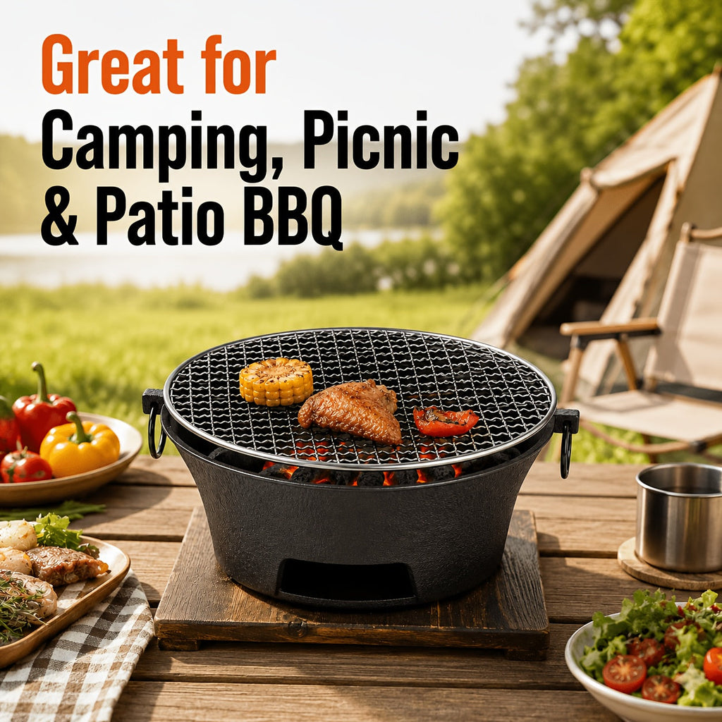 Tabletop Charcoal Grill 10.25 Inch - Portable BBQ Grill with Cooking Grate, Compact Outdoor Barbecue for Camping, Picnic, Patio, Backyard, Beach & RV Trips, Lightweight & Easy to Set Up