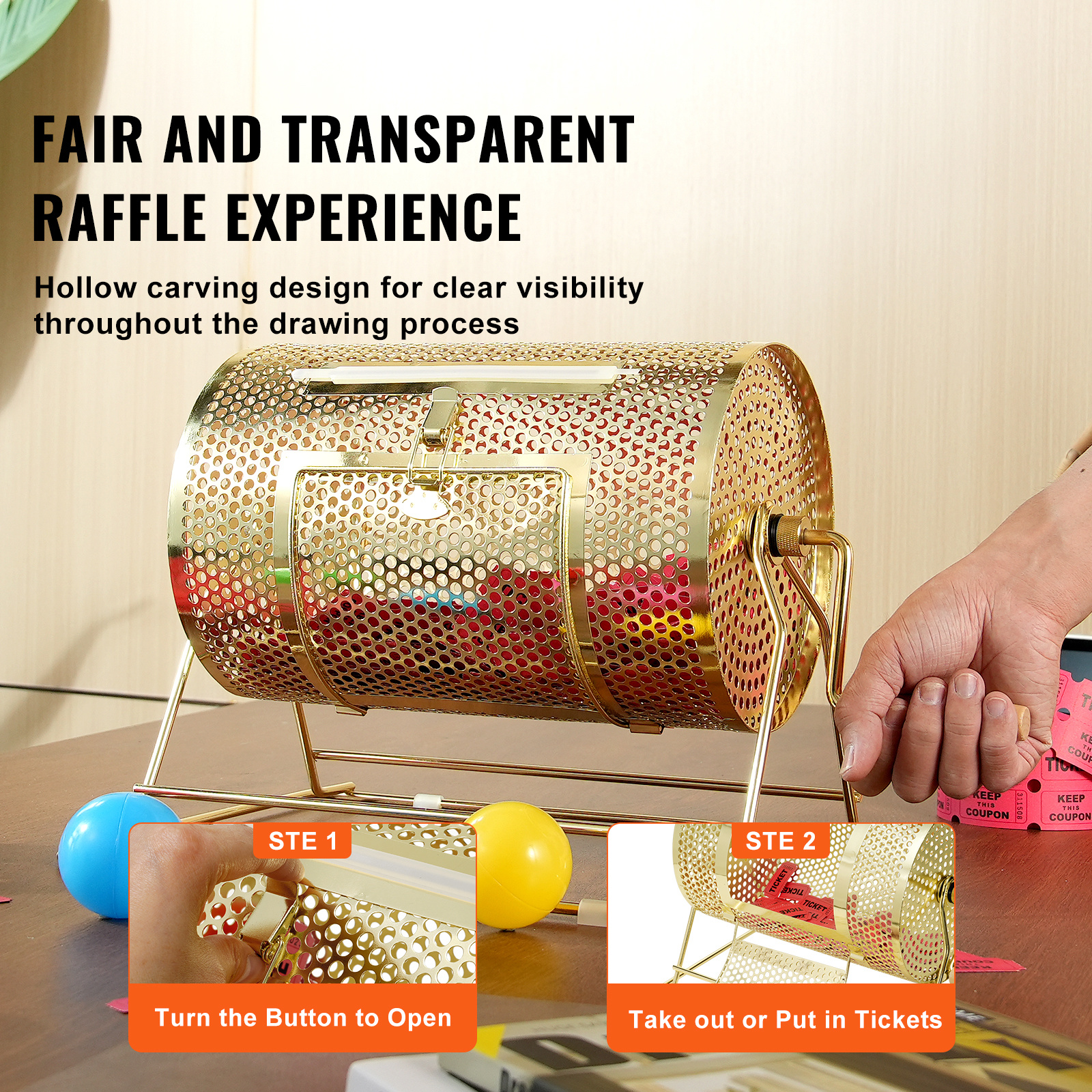 Raffle Drum Spinning Cage 12 Inch – Brass Plated Metal Lottery Ticket Drum with Wooden Handle, Holds 2500 Tickets or 100 Ping Pong Balls, for Bingo Ballot Party Events Fundraisers Trade Shows