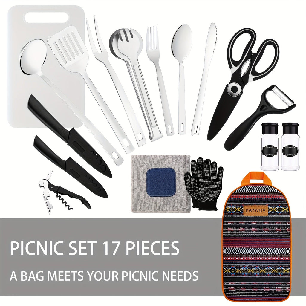 Camping Cooking Utensils Set – Bohemia Style Outdoor Cookware Kit for Camp Kitchen, RV, Picnic, BBQ & Portable Stove | Camping Essentials Gear Accessories