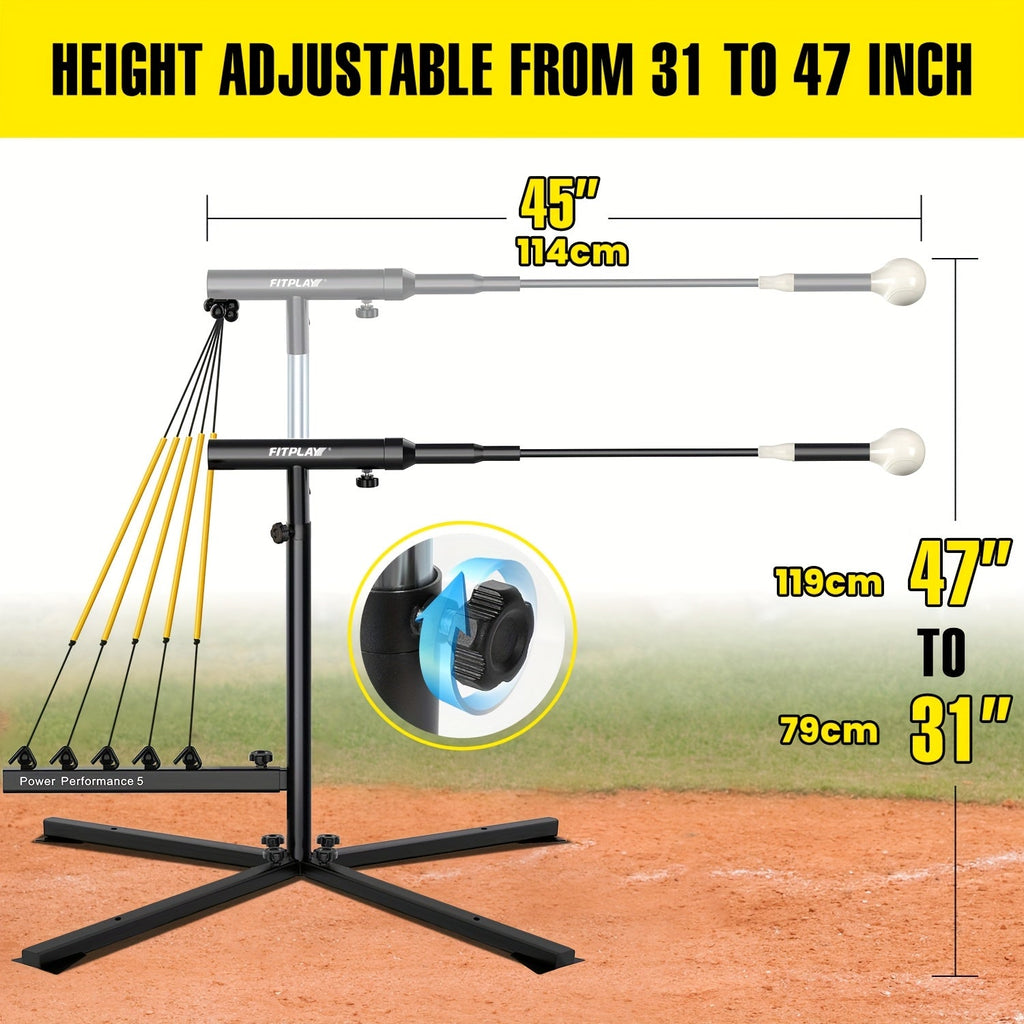 Baseball Swing Trainer with 5 Power Bands & Auto Reset System – Height Adjustable 31–47 Inch Portable Batting Trainer with Sturdy Base & Carry Bag for Indoor Outdoor Use, All Skill Levels
