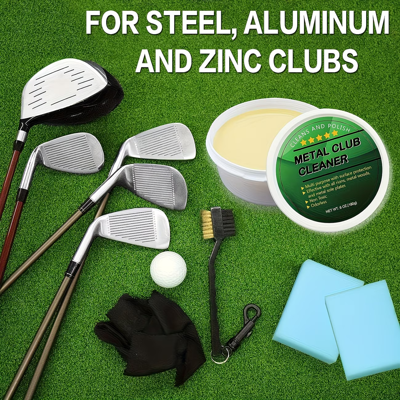 Golf Club Cleaner Polish Kit 7-Pack | Iron Cleaning Paste, Brush & Sponge Care Set for All Golf Clubs