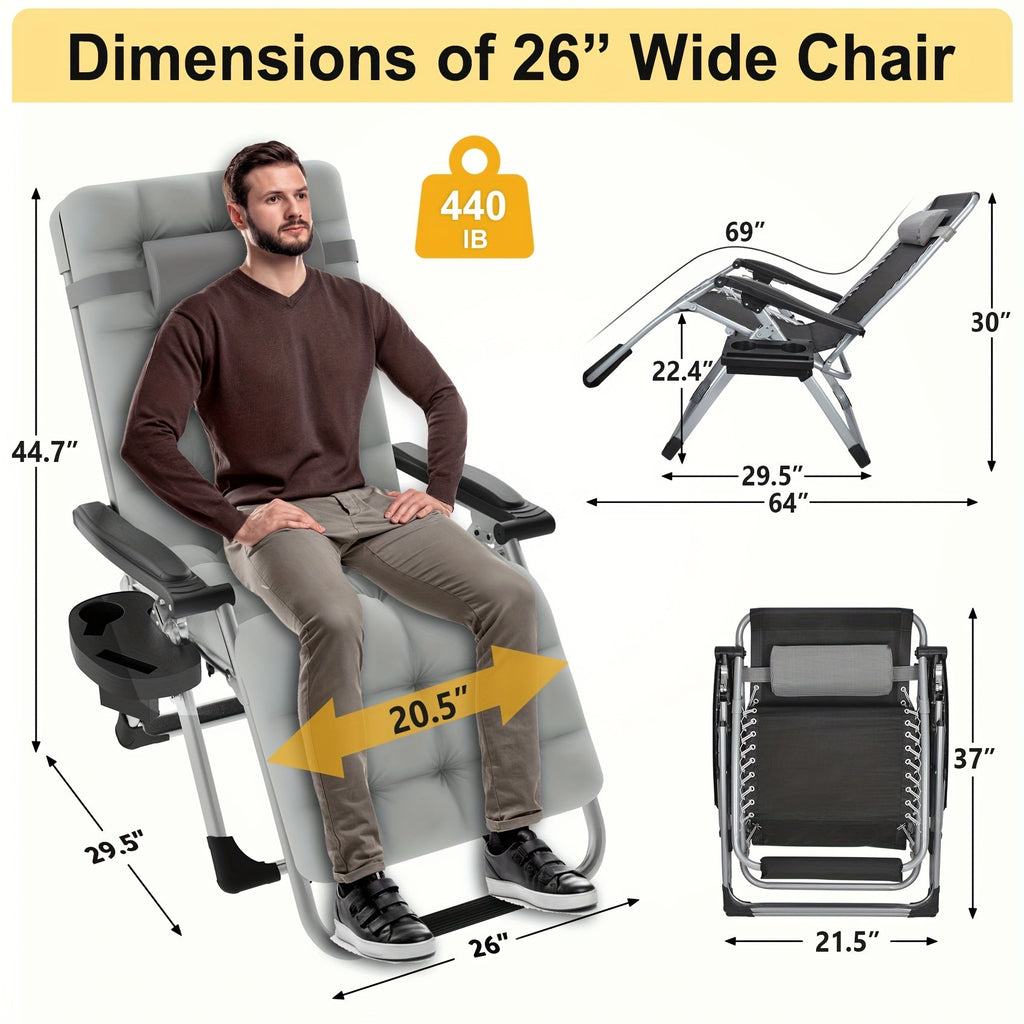 Zero Gravity Chair Outdoor Recliner – 440LBS Capacity, 4-Inch Thick Cushion, Upgraded Aluminum Lock, Cup Holder & Headrest, Breathable Mesh, Foldable Patio Lounge Chair for Backyard & Lawn (5 Colors)